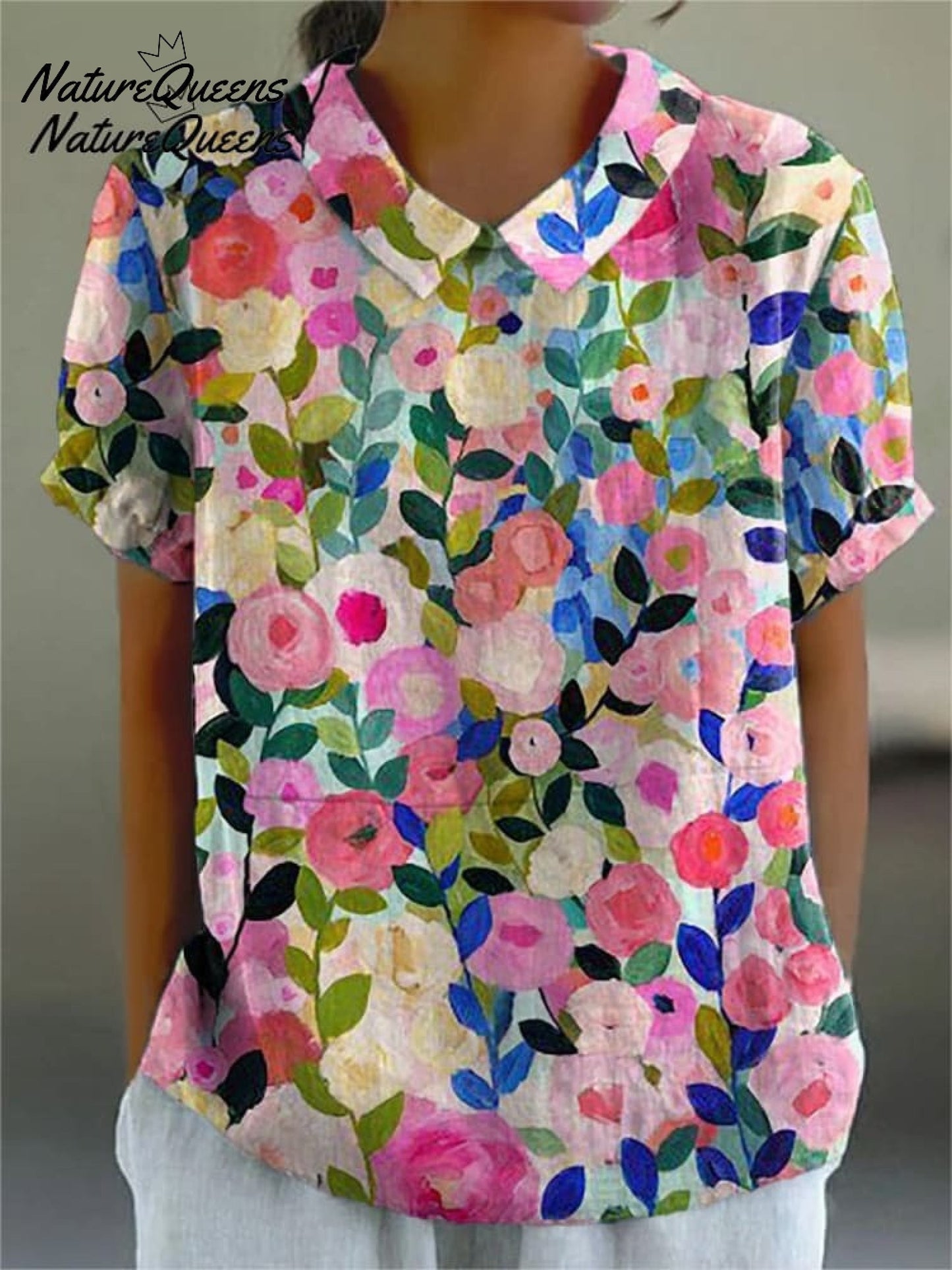 Colorful Spring Floral Garden Printed Women's Casual Cotton And Linen Shirt