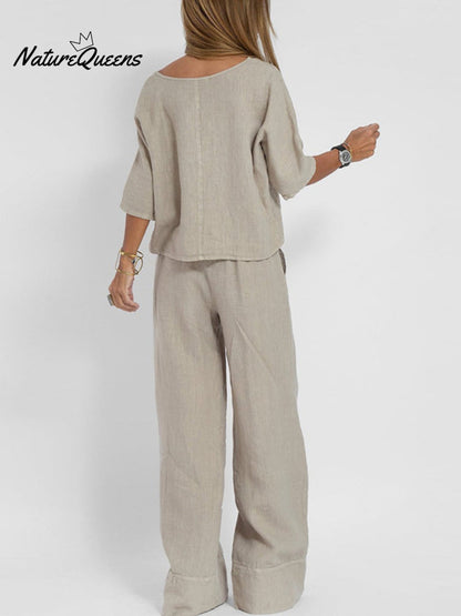 2-Piece Plus Size Casual Solid Color Short-sleeved Pants Set