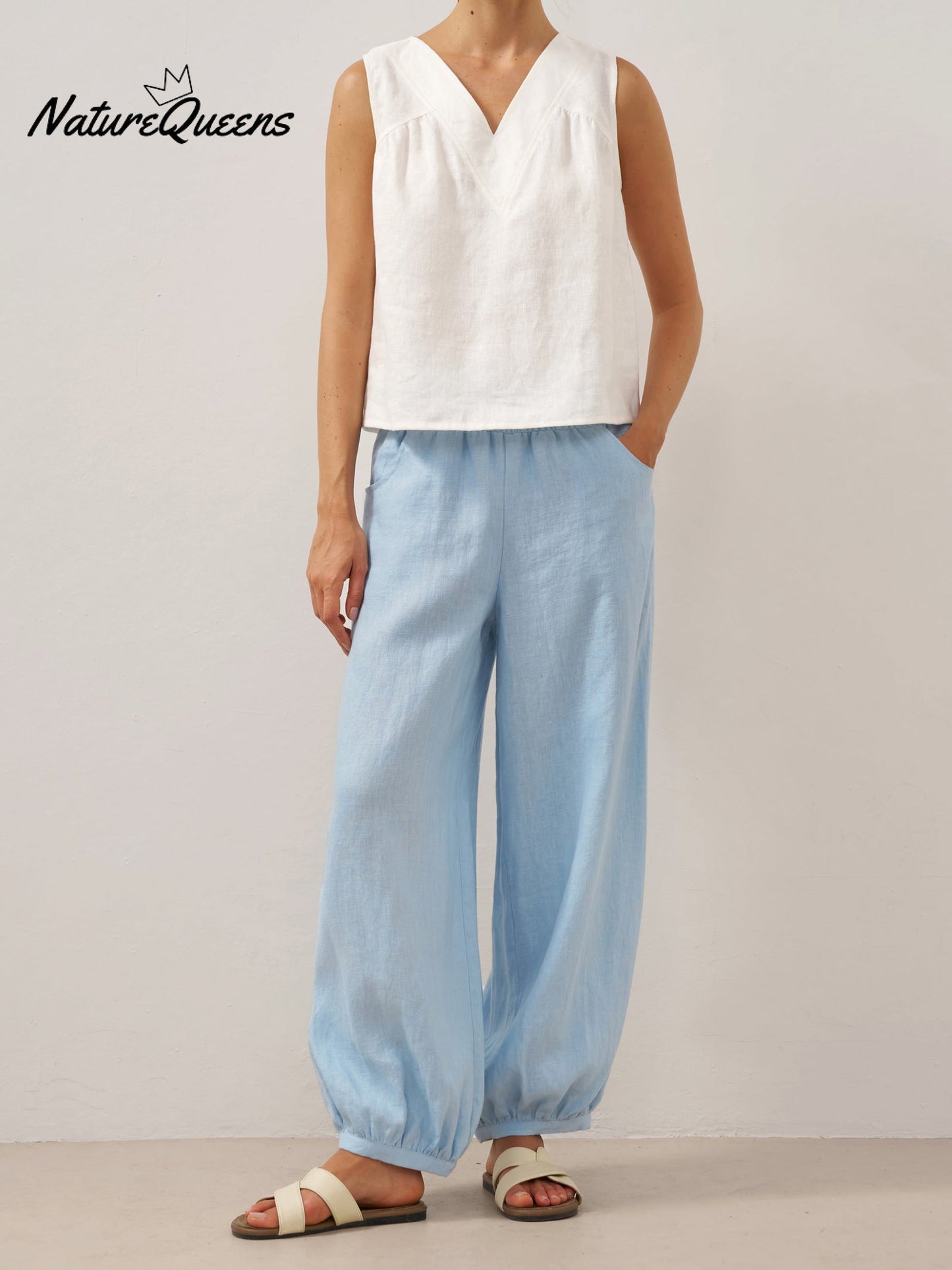 100% Linen Broad Elastic Waistband Pants TALIA