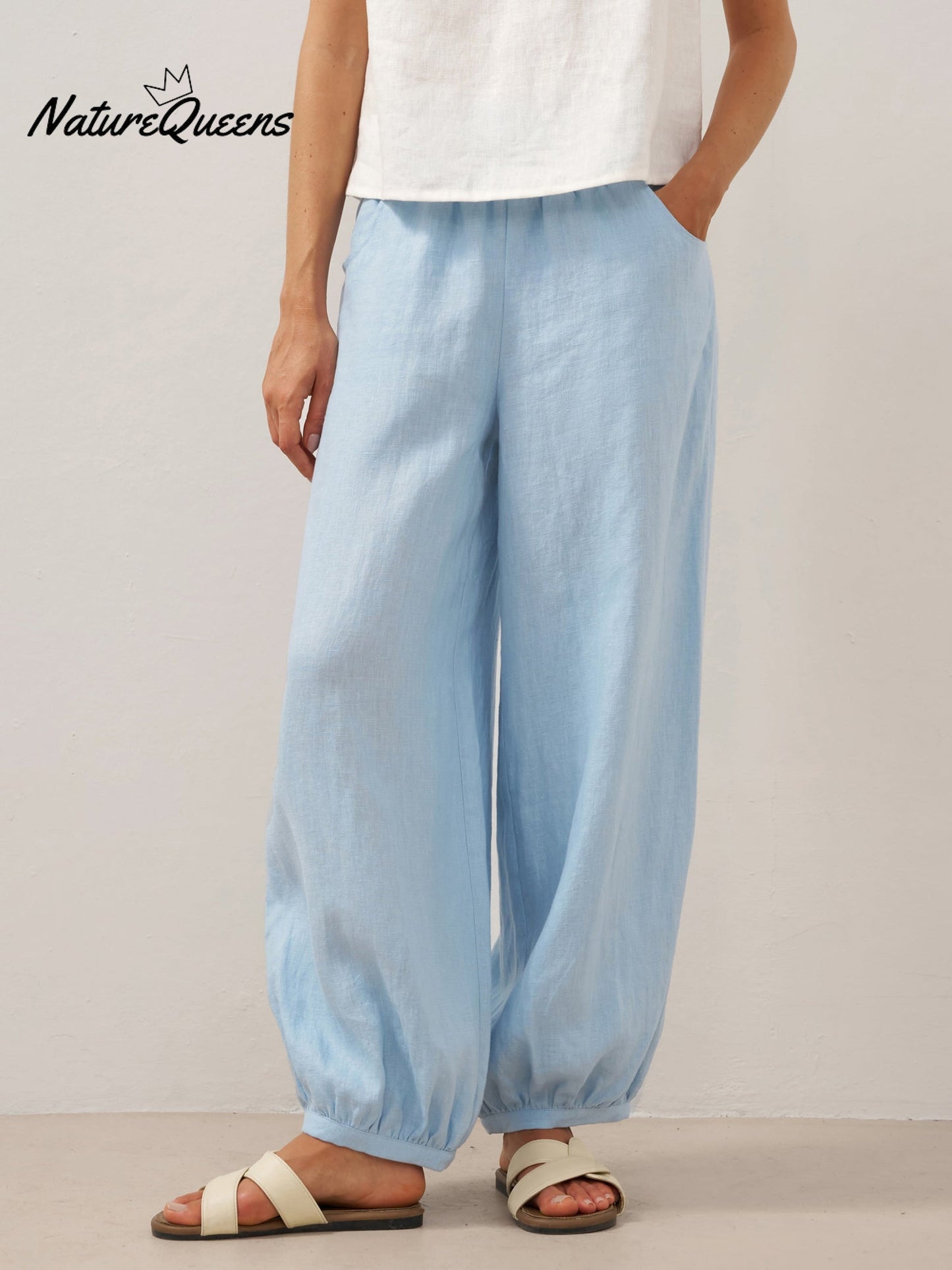 100% Linen Broad Elastic Waistband Pants TALIA