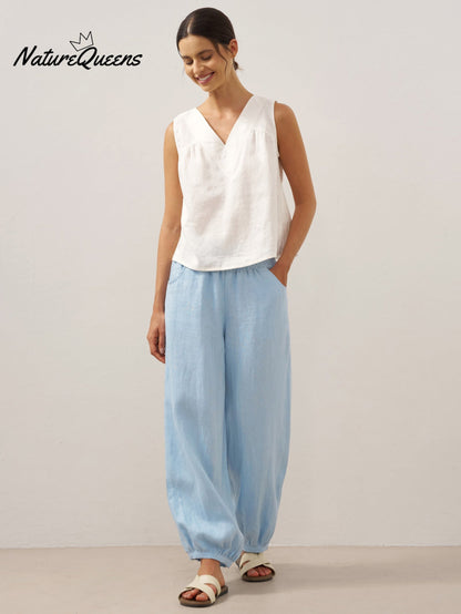 100% Linen Broad Elastic Waistband Pants TALIA