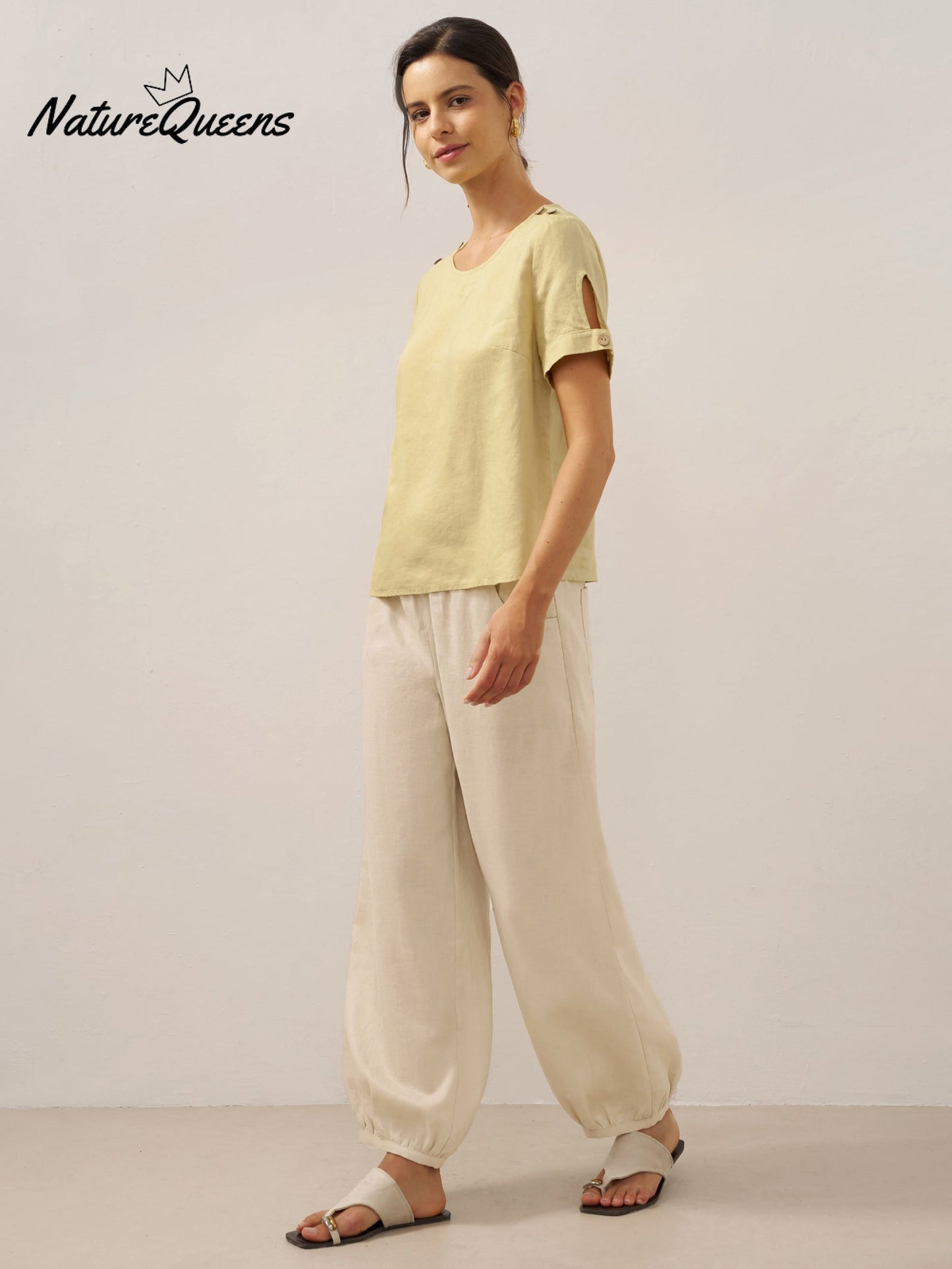 100% Linen Broad Elastic Waistband Pants TALIA