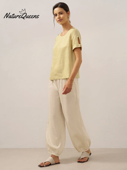 100% Linen Broad Elastic Waistband Pants TALIA