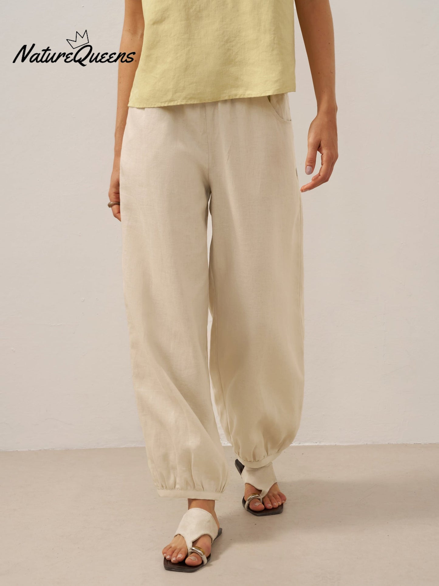 100% Linen Broad Elastic Waistband Pants TALIA