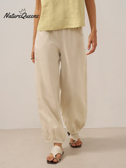 100% Linen Broad Elastic Waistband Pants TALIA