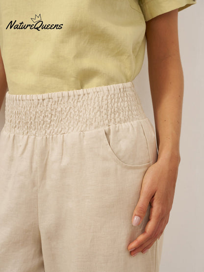 100% Linen Broad Elastic Waistband Pants TALIA
