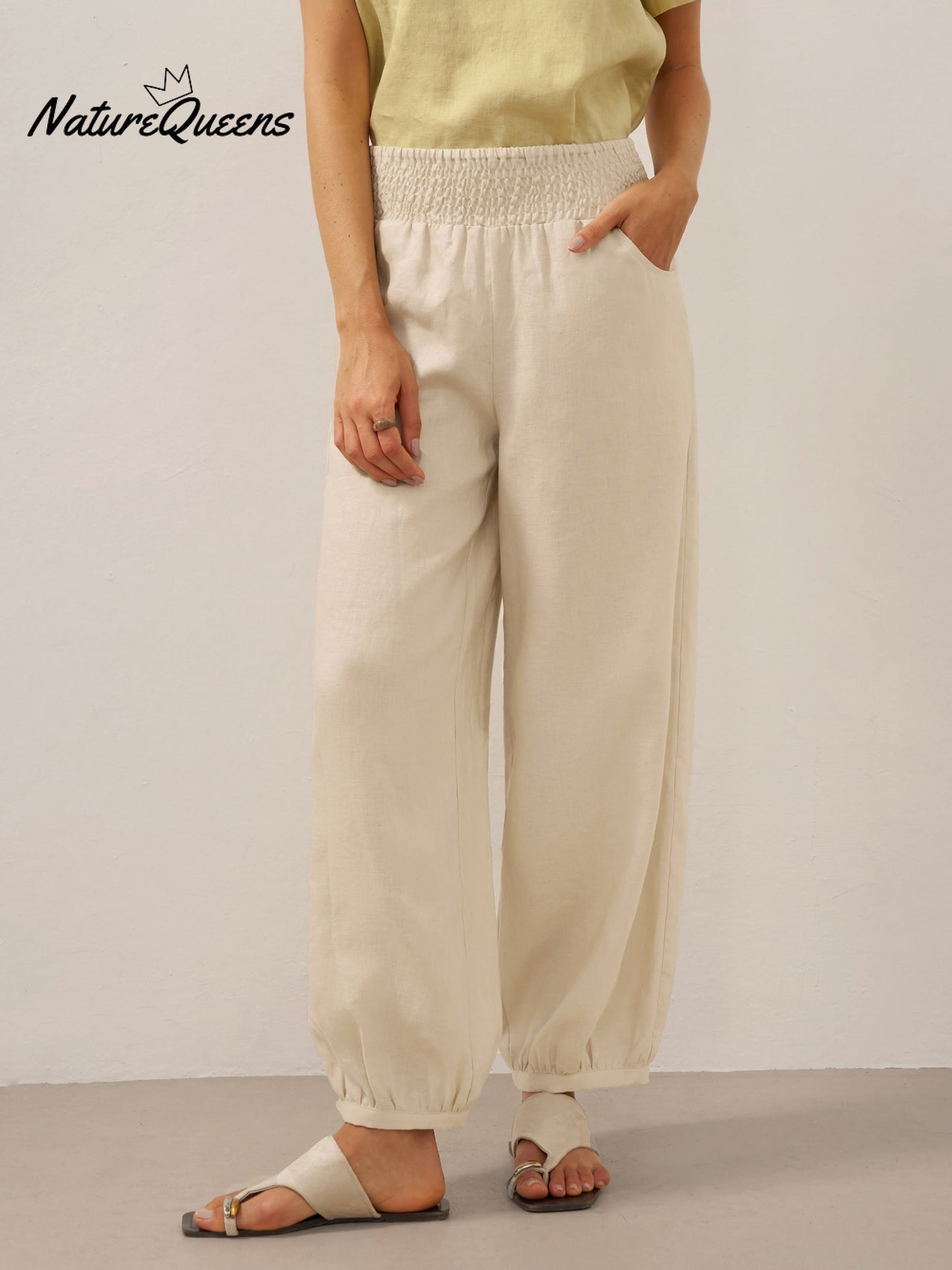 100% Linen Broad Elastic Waistband Pants TALIA
