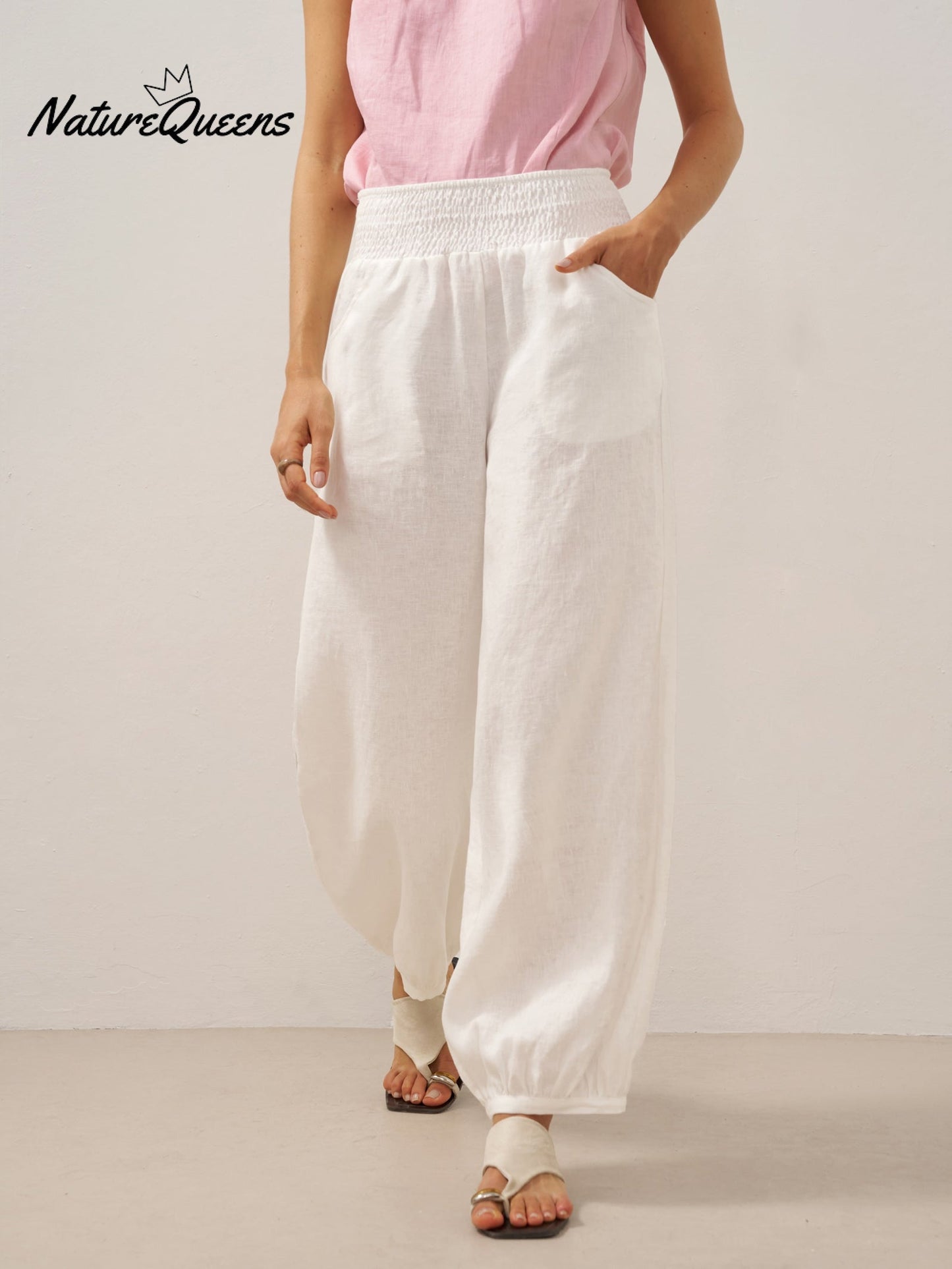 100% Linen Broad Elastic Waistband Pants TALIA