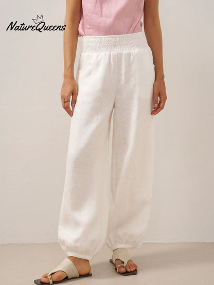 100% Linen Broad Elastic Waistband Pants TALIA