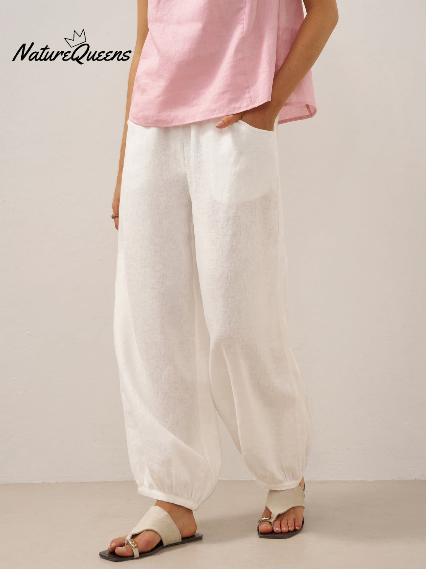 100% Linen Broad Elastic Waistband Pants TALIA