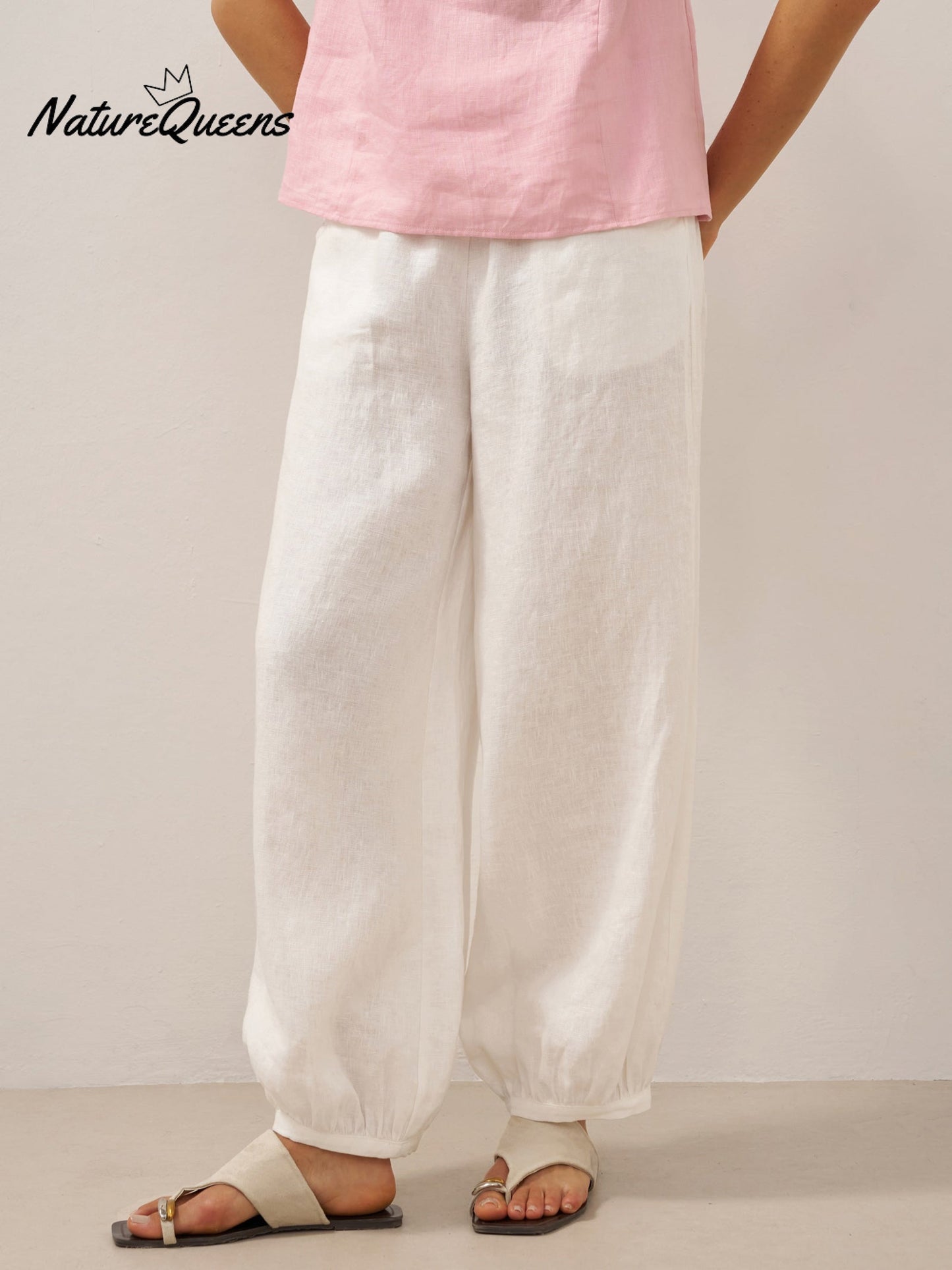 100% Linen Broad Elastic Waistband Pants TALIA