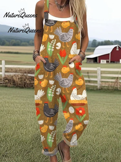 Women's Flying Bees Embroidery Pattern Casual Cotton Wide Leg Jumpsuit