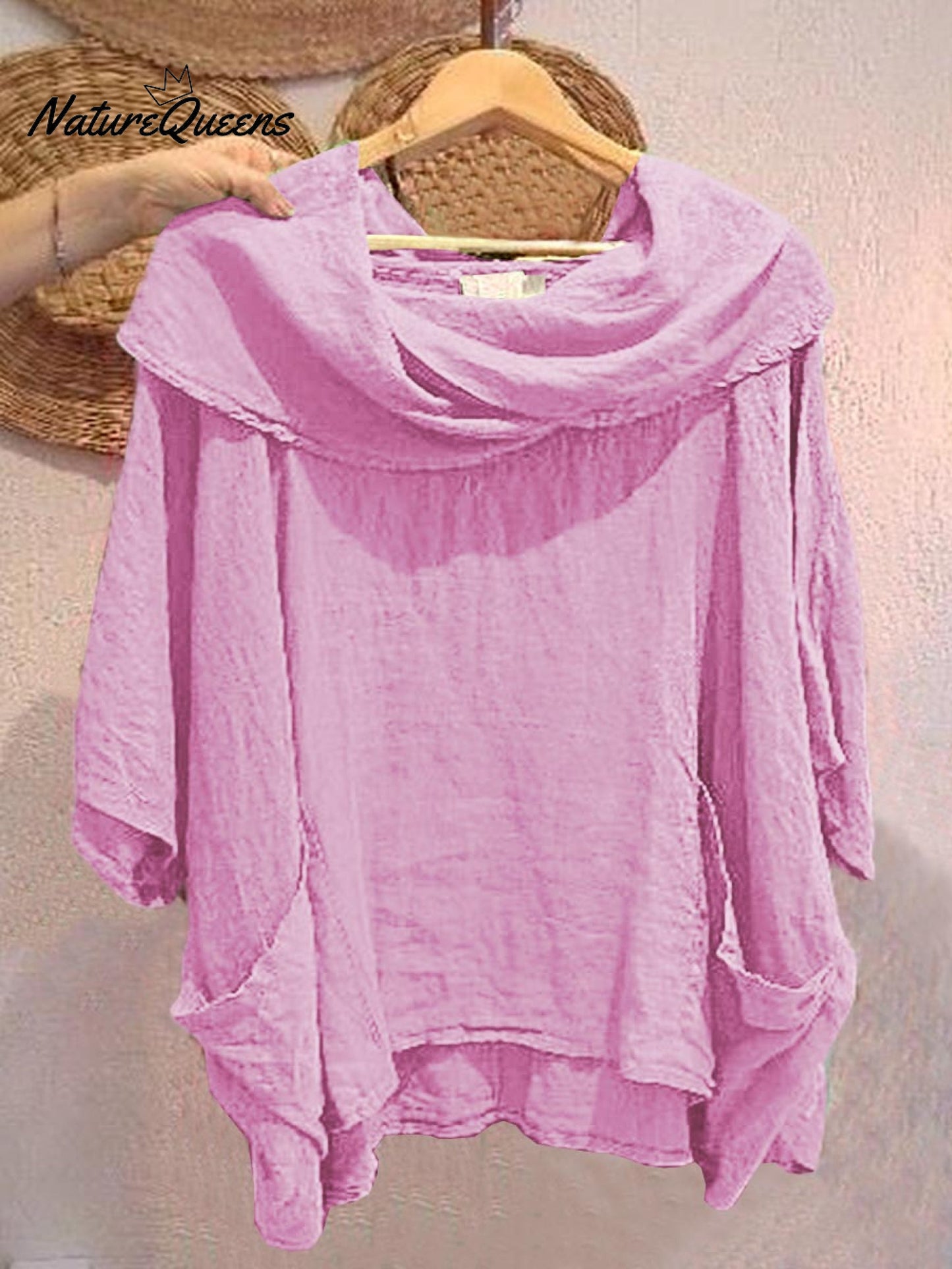 Women's Solid Color Draped Neck 3/4 Sleeve Comfortable Casual Linen Pocket Top