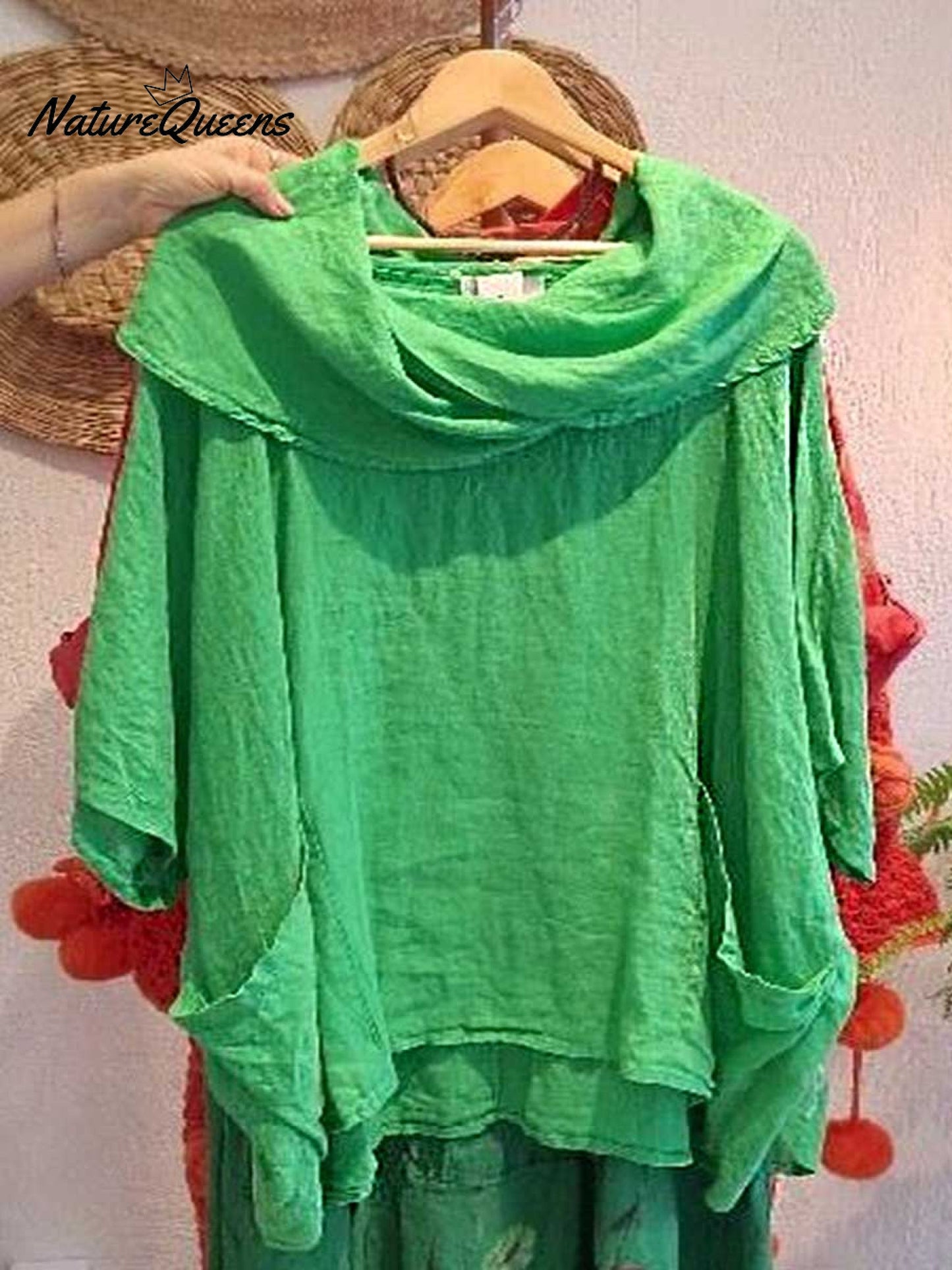 Women's Solid Color Draped Neck 3/4 Sleeve Comfortable Casual Linen Pocket Top