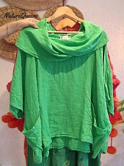 Women's Solid Color Draped Neck 3/4 Sleeve Comfortable Casual Linen Pocket Top