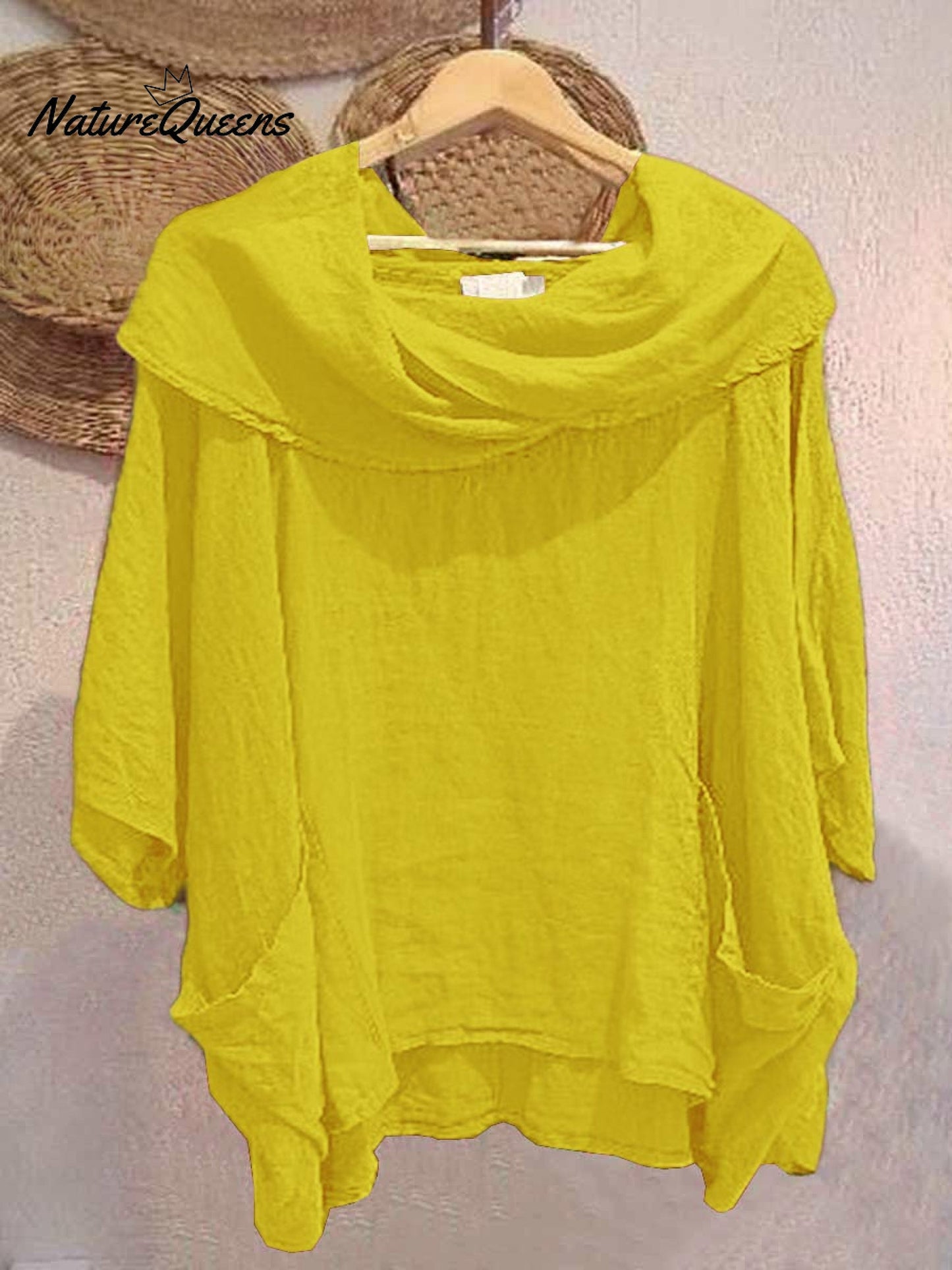 Women's Solid Color Draped Neck 3/4 Sleeve Comfortable Casual Linen Pocket Top