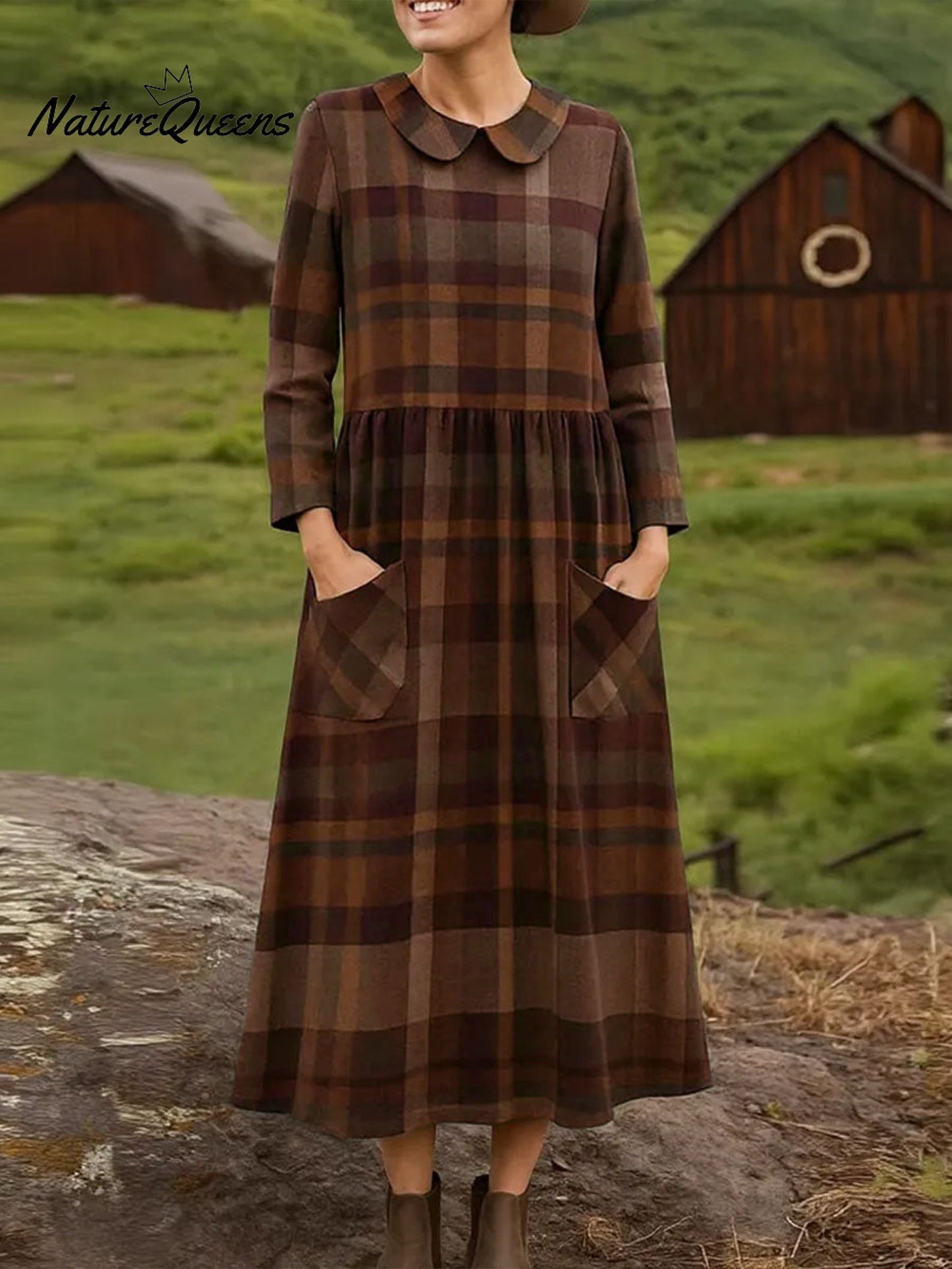 Women's Plaid Print Peter Pan Collar Long Sleeve Casual Loose Dress