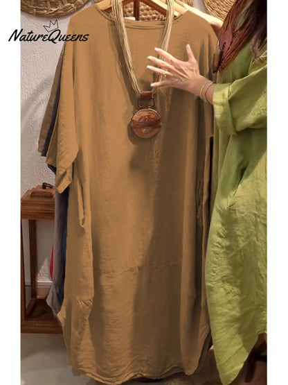 100% Linen Women's Casual Pocket Cotton and Line Dress