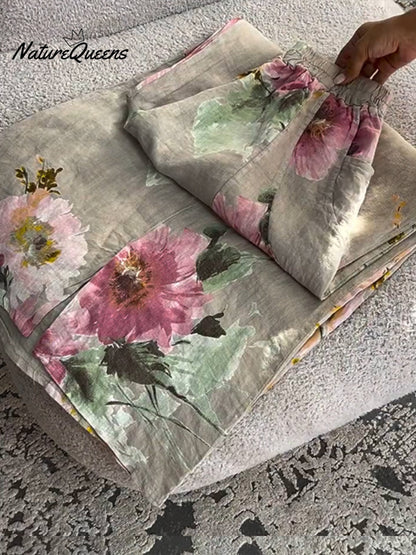 Women's Vintage Floral Print Casual Cotton and Linen Pants