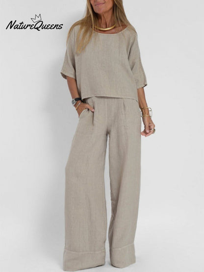 2-Piece Plus Size Casual Solid Color Short-sleeved Pants Set