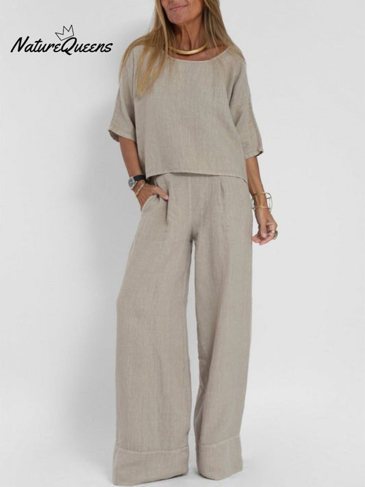 2-Piece Plus Size Casual Solid Color Short-sleeved Pants Set