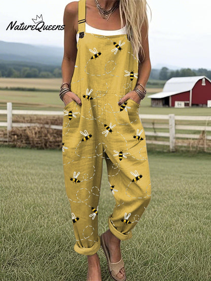 Women's Flying Bees Embroidery Pattern Casual Cotton Wide Leg Jumpsuit