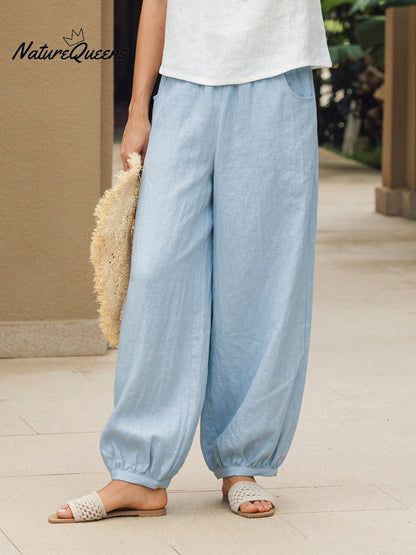 100% Linen Broad Elastic Waistband Pants TALIA