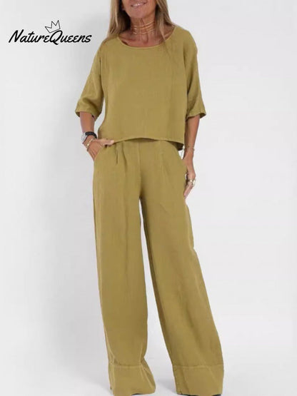 2-Piece Plus Size Casual Solid Color Short-sleeved Pants Set