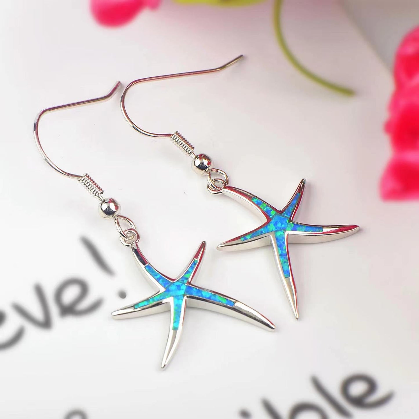 1pair Elegant Starfish Dangle Earrings, Imitation Opal Earrings, Beach Holiday Jewelry