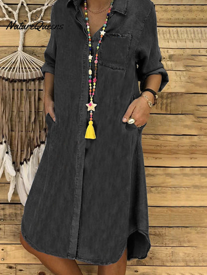 Casual Denim Solid Turndown Collar Singe Breasted Pockets Midi Dress