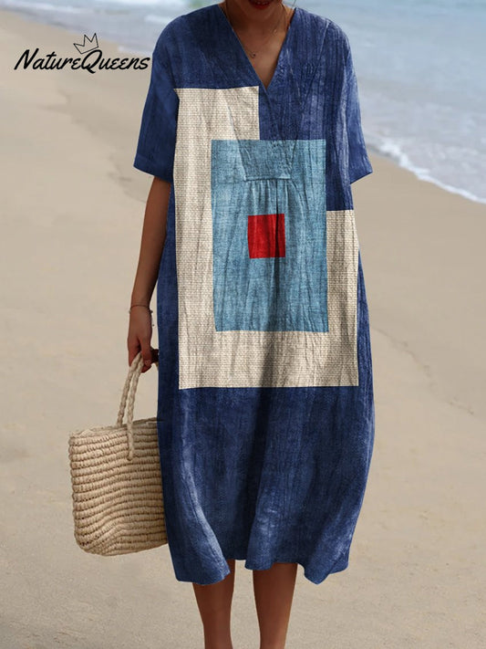 Women's Denim Blue Geometry Watercolor Splash Fluid Art Print Flowy Dress