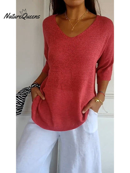 Women's Solid Color Knitted 3/4 Sleeve V-neck Top