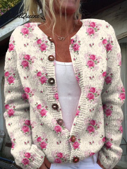 Watercolor French Rose Repeat Pattern Print Buttoned Cardigan Sweater