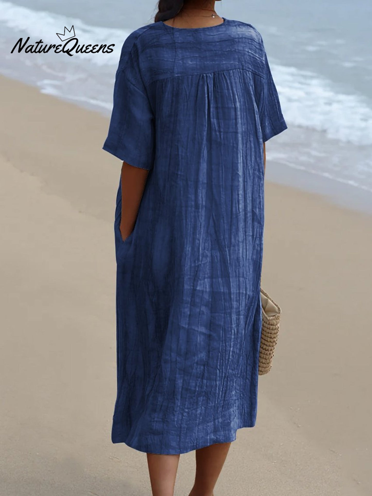 Women's Denim Blue Geometry Watercolor Splash Fluid Art Print Flowy Dress