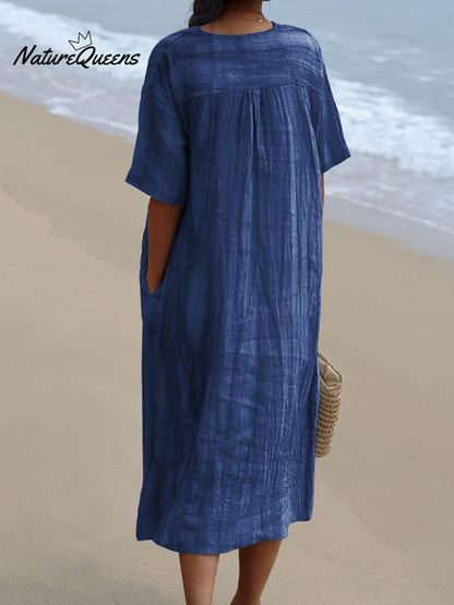 Women's Denim Blue Geometry Watercolor Splash Fluid Art Print Flowy Dress