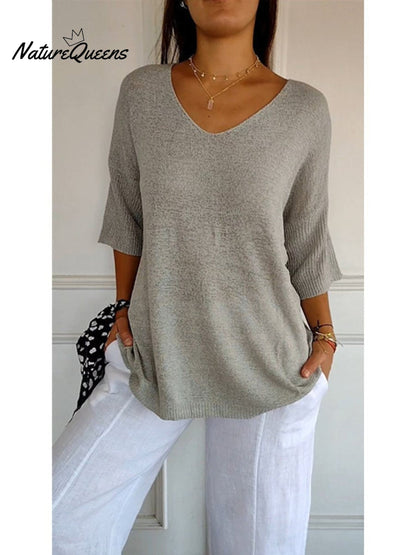 Women's Solid Color Knitted 3/4 Sleeve V-neck Top