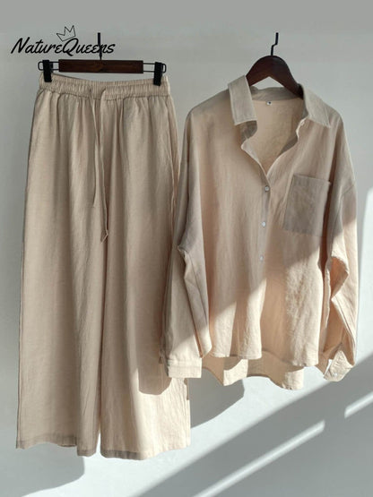 Women's Solid Color Loose Elegant High Waist Casual Cotton And Linen Suit