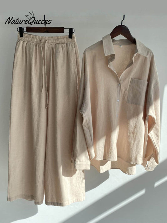 Women's Solid Color Loose Elegant High Waist Casual Cotton And Linen Suit