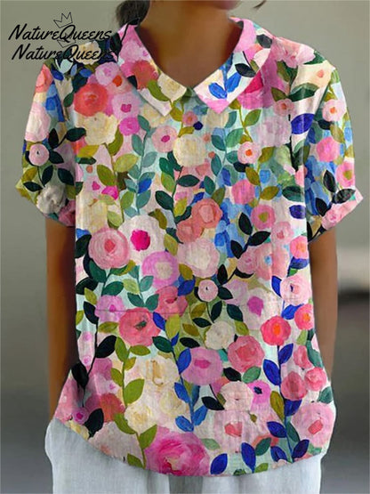 Colorful Spring Floral Garden Printed Women's Casual Cotton And Linen Shirt