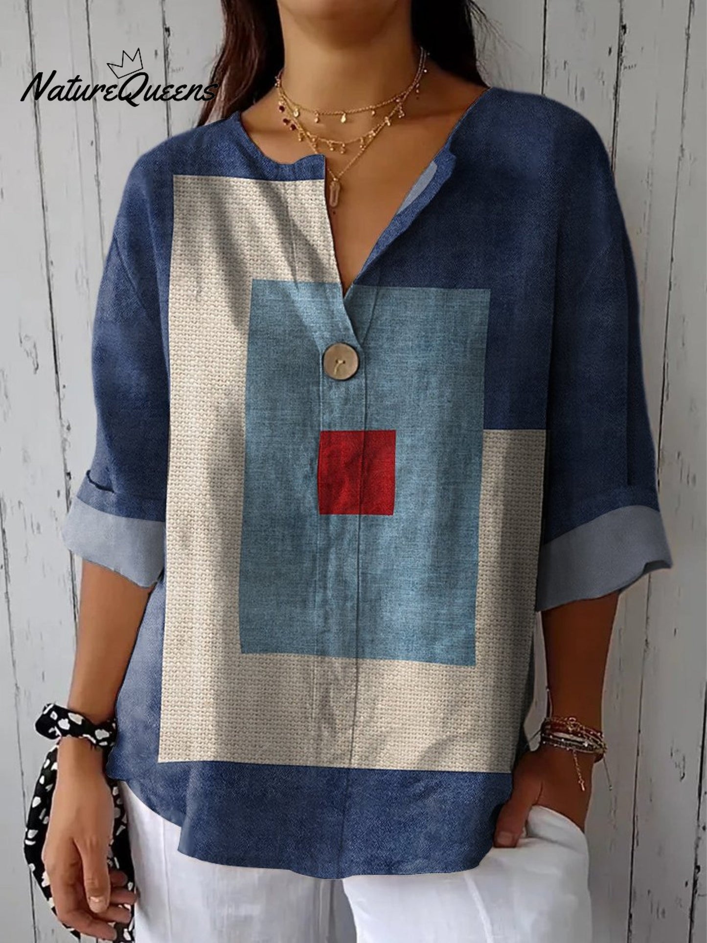 Women's Denim Blue Geometry Casual Cotton Linen Shirt