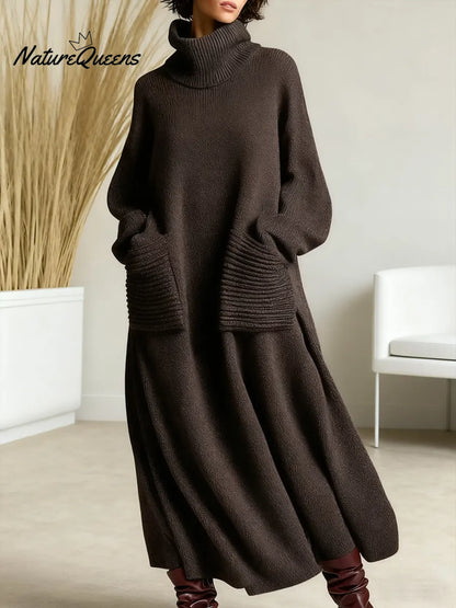 Women's Solid Color High-Neck Long-Sleeve Casual Loose Knit Dress