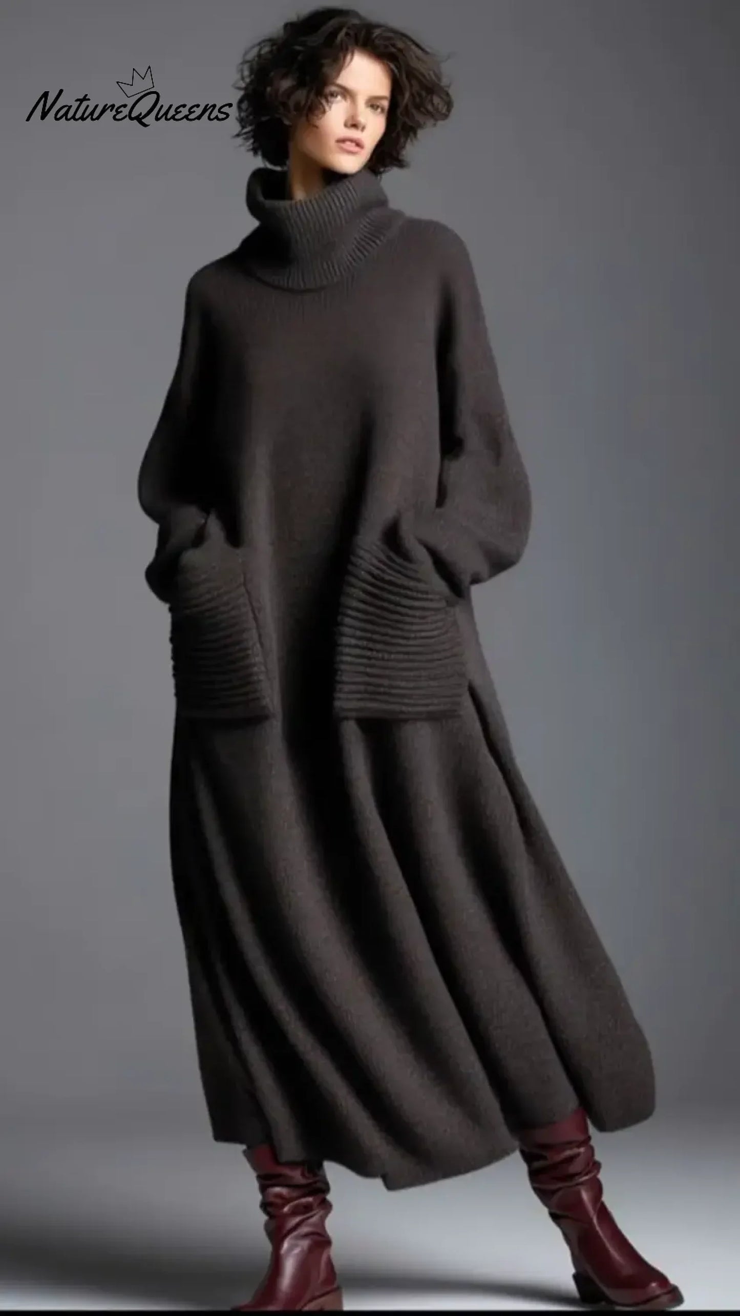 Women's Solid Color High-Neck Long-Sleeve Casual Loose Knit Dress