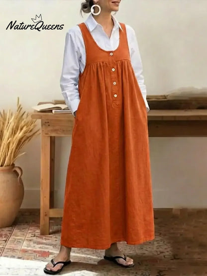 Women's Solid Color U-neck Sleeveless Casual Loose Cotton Vest Dress