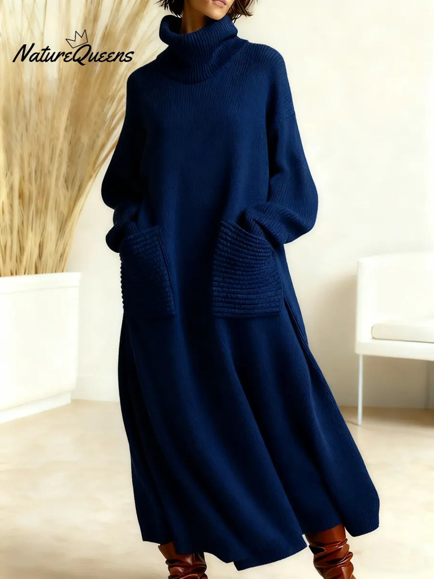 Women's Solid Color High-Neck Long-Sleeve Casual Loose Knit Dress