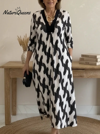 Elegant Art Print Color Block Trim V-neck Midi Dress