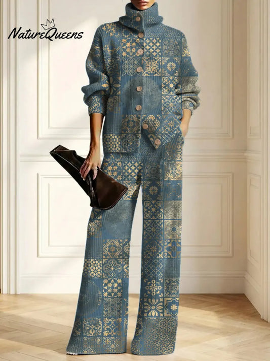 Women's Vintage Floral Pattern Art Print Casual Cotton Knitted Suits