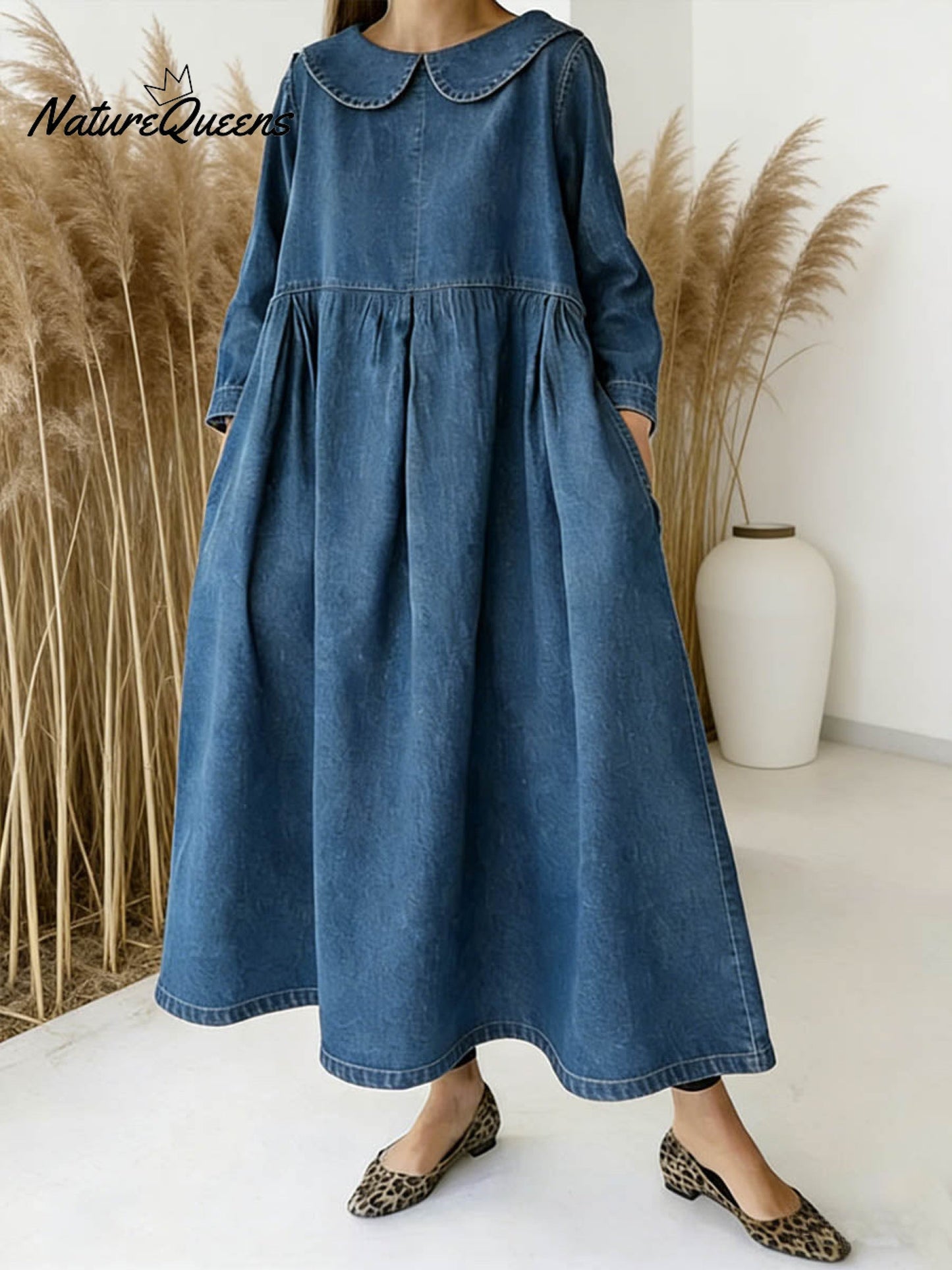 Women's Peter Pan Collar Long-sleeved Loose-fitting Casual Denim Dress